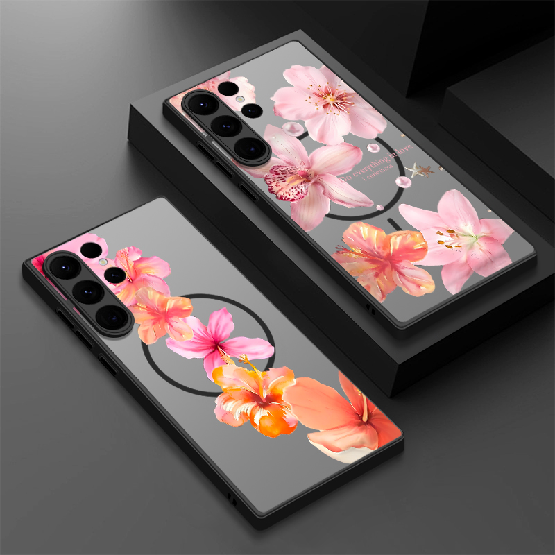 Samsung Galaxy S25 - 핑크 꽃무늬 자석 휴대폰 케이스 삼성