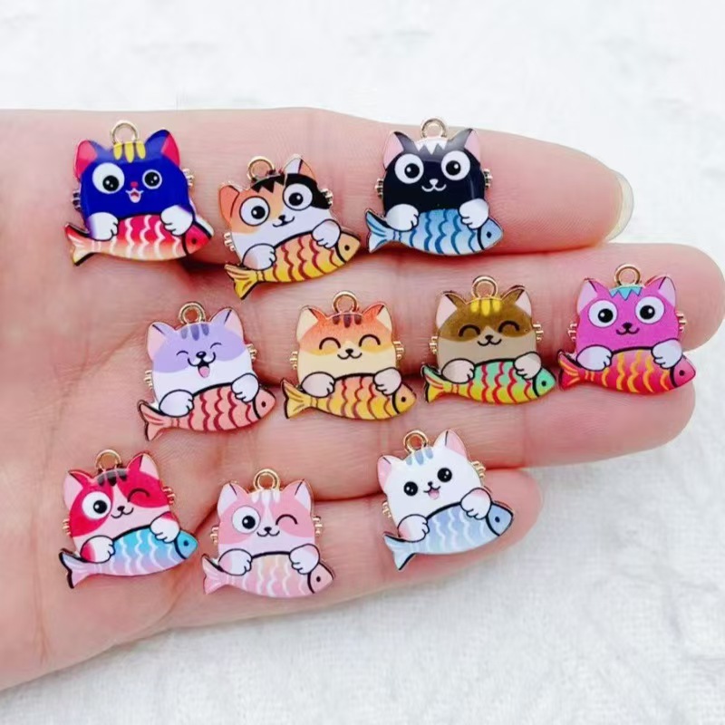 10pcs 국경 간 판매 만화 귀여운 합금 고양이 물고 - Phone Accessory 리뷰 및 가격